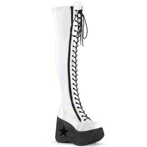 Demonia DYNAMITE-300 | White Stretch Holographic Over Knee Boots