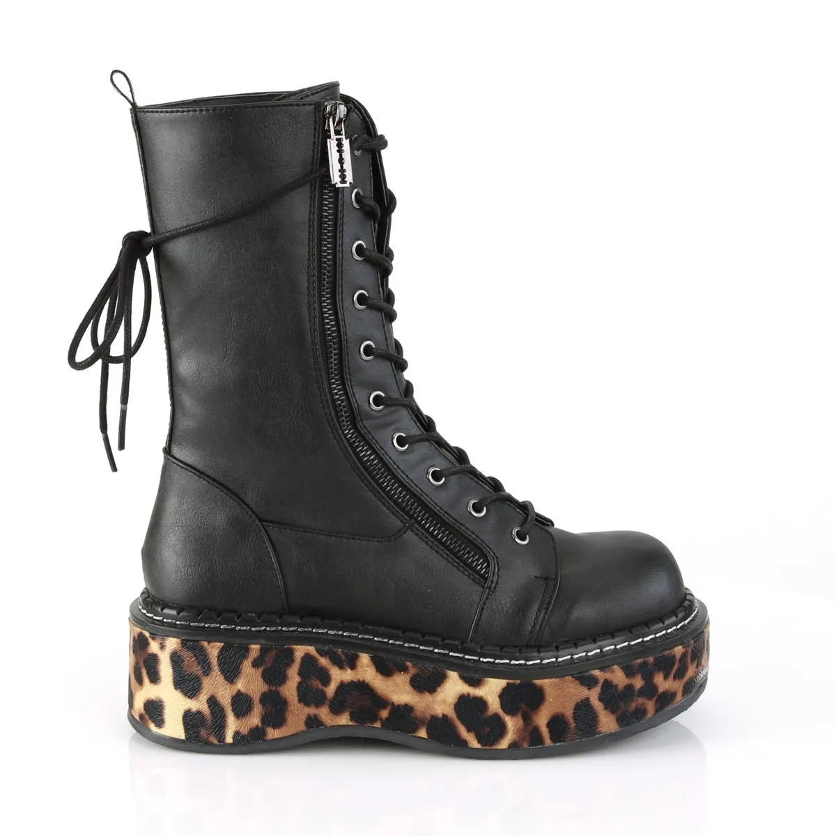 Demonia EMILY-350 | Black Leopard Vegan Leather Mid-Calf Boots