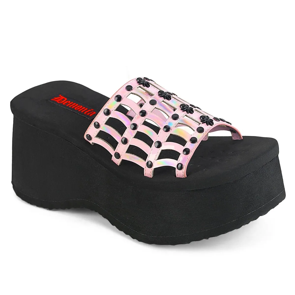 Demonia FUNN-13 | Baby Pink Hologram Patent Sandals