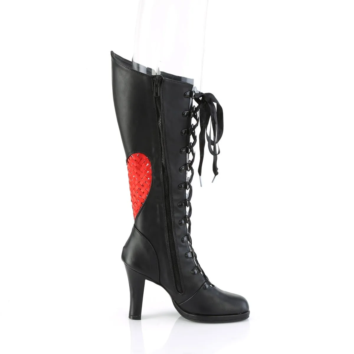 Demonia GLAM-243 | Blk & Red V. Leather & Satin Knee High Boots