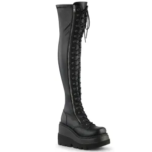 Demonia SHAKER-374 | Black Stetch Vegan Leather Above Knee Boots