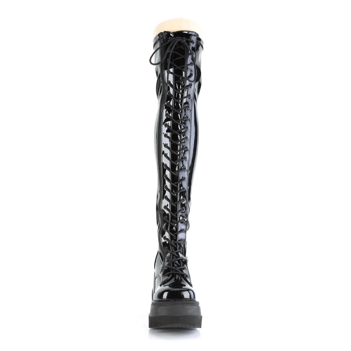 Demonia SHAKER-374 | Blk Stretch Patent Leather Above Knee Boots