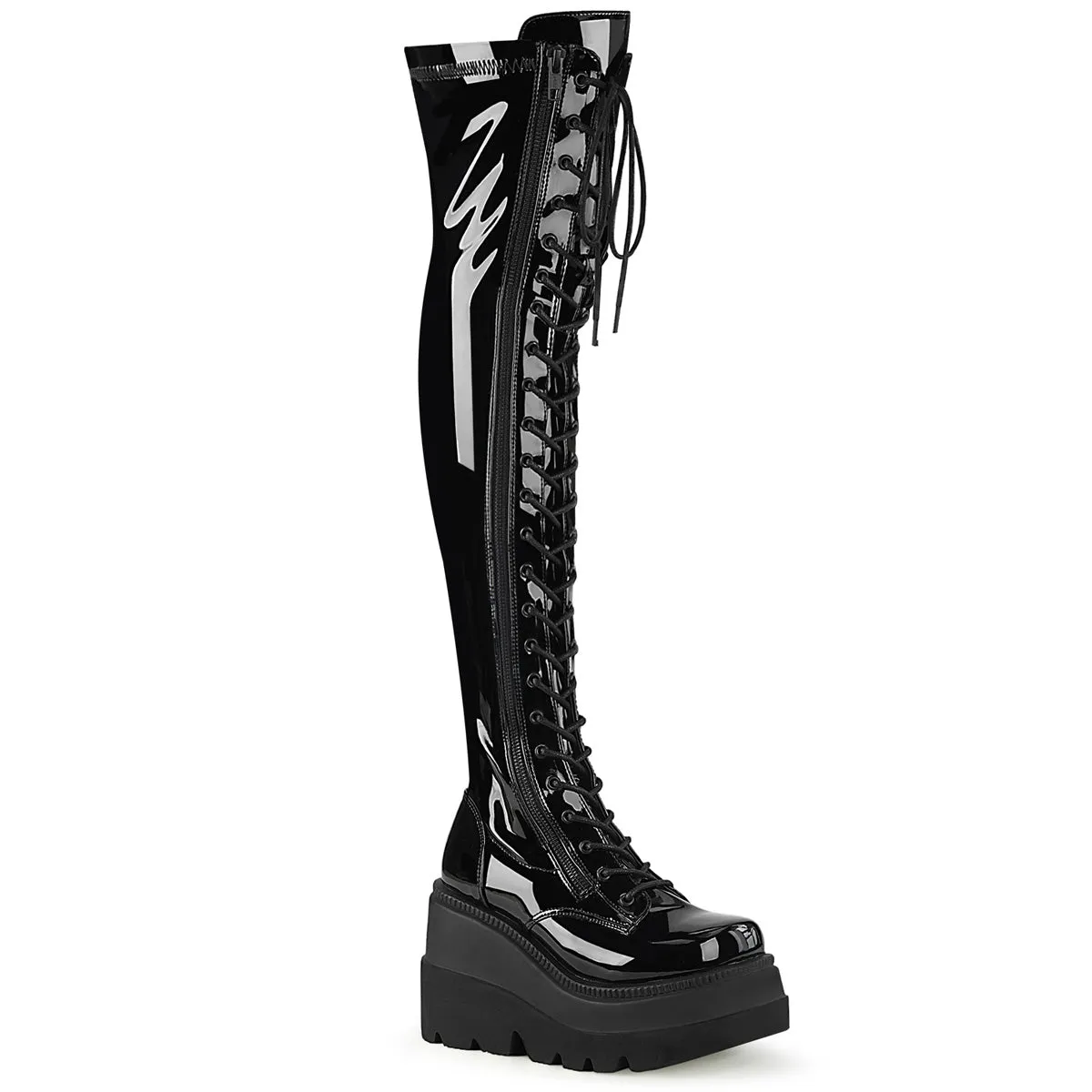 Demonia SHAKER-374 | Blk Stretch Patent Leather Above Knee Boots