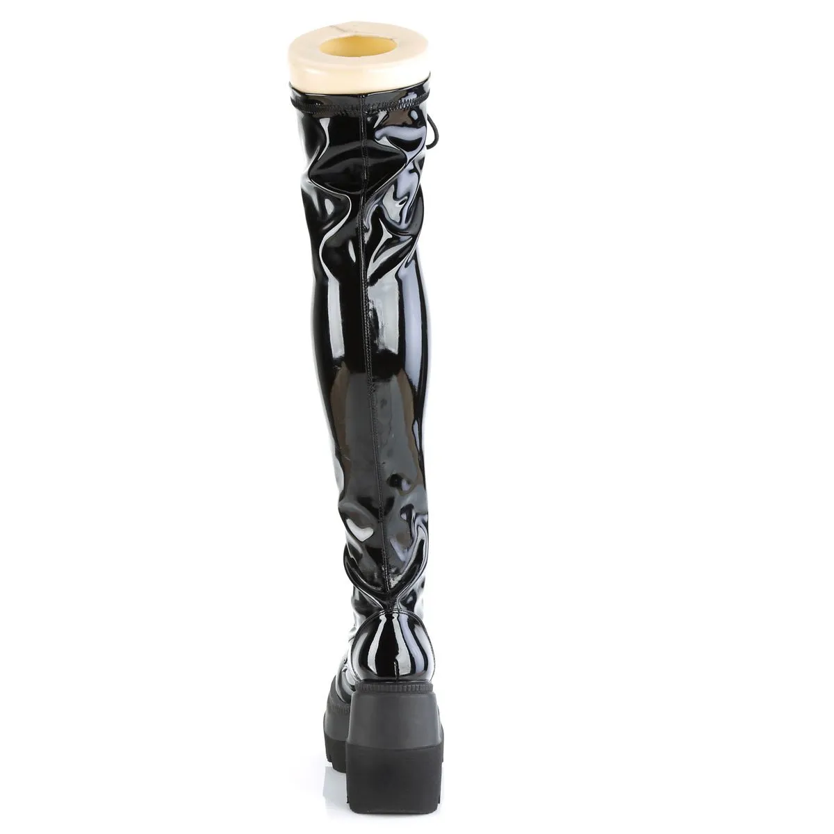 Demonia SHAKER-374 | Blk Stretch Patent Leather Above Knee Boots