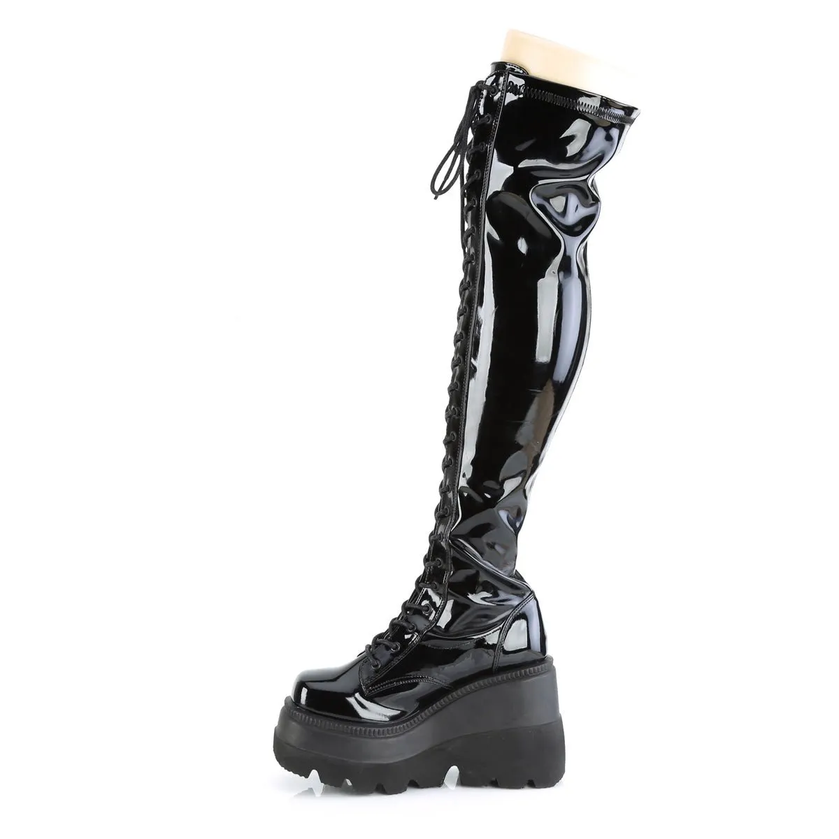 Demonia SHAKER-374 | Blk Stretch Patent Leather Above Knee Boots