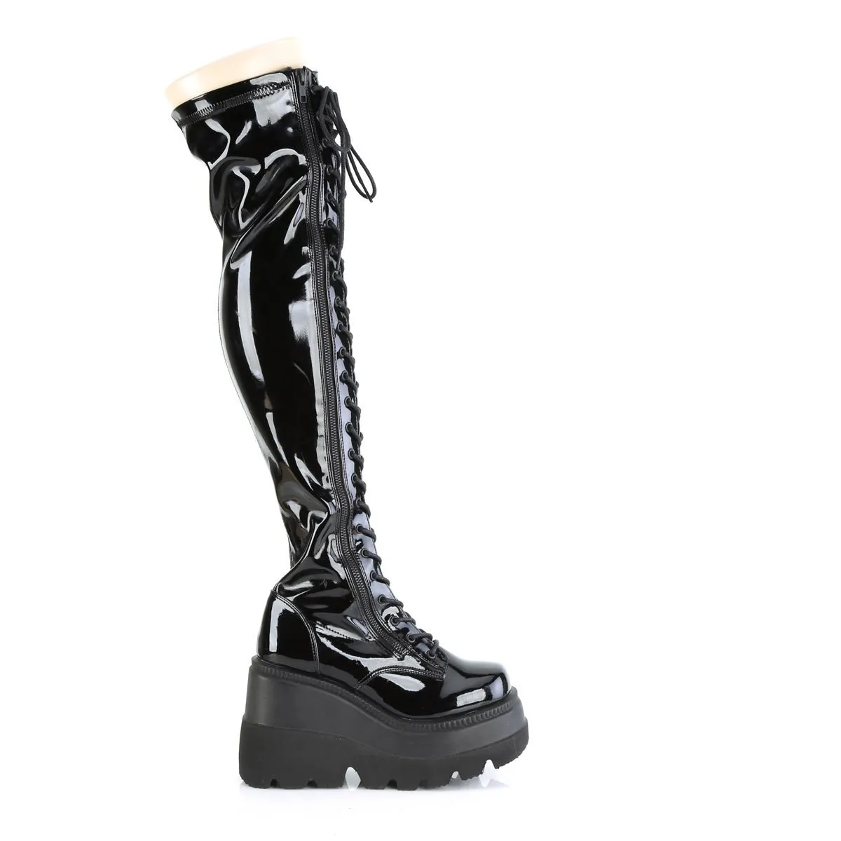 Demonia SHAKER-374 | Blk Stretch Patent Leather Above Knee Boots