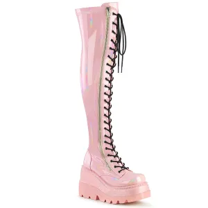 Demonia SHAKER-374 | Pink Holo Stretch Patent Over-the-Knee Boots