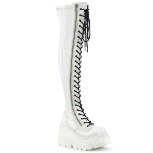 Demonia SHAKER-374 | White Holo Stretch Patent Above Knee Boots