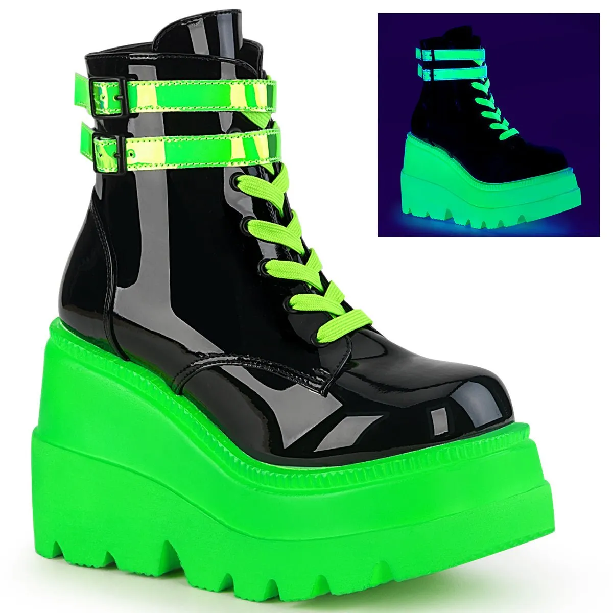 Demonia SHAKER-52 | Blk & Green Pat. Leather Neon UV Ankle Boots