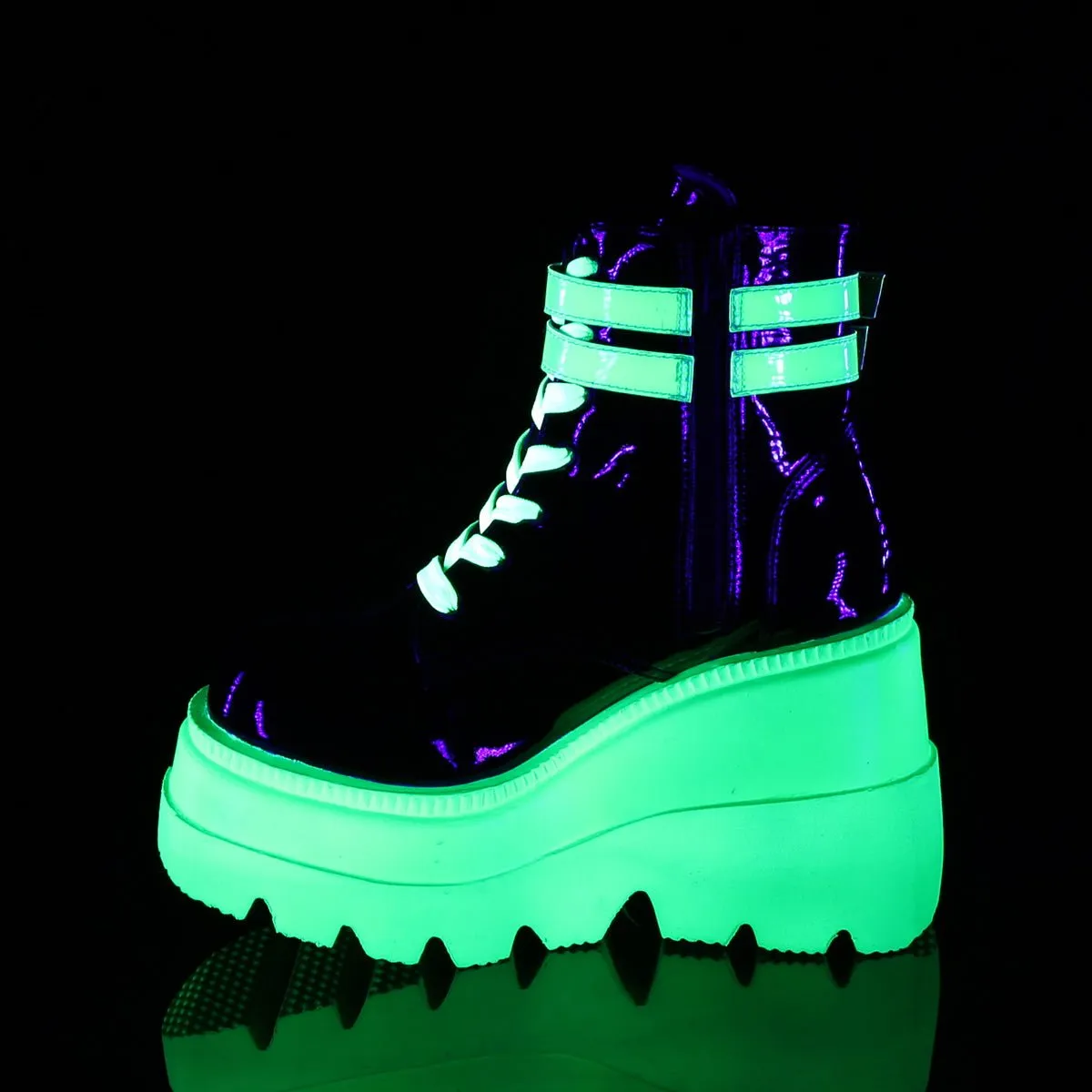 Demonia SHAKER-52 | Blk & Green Pat. Leather Neon UV Ankle Boots