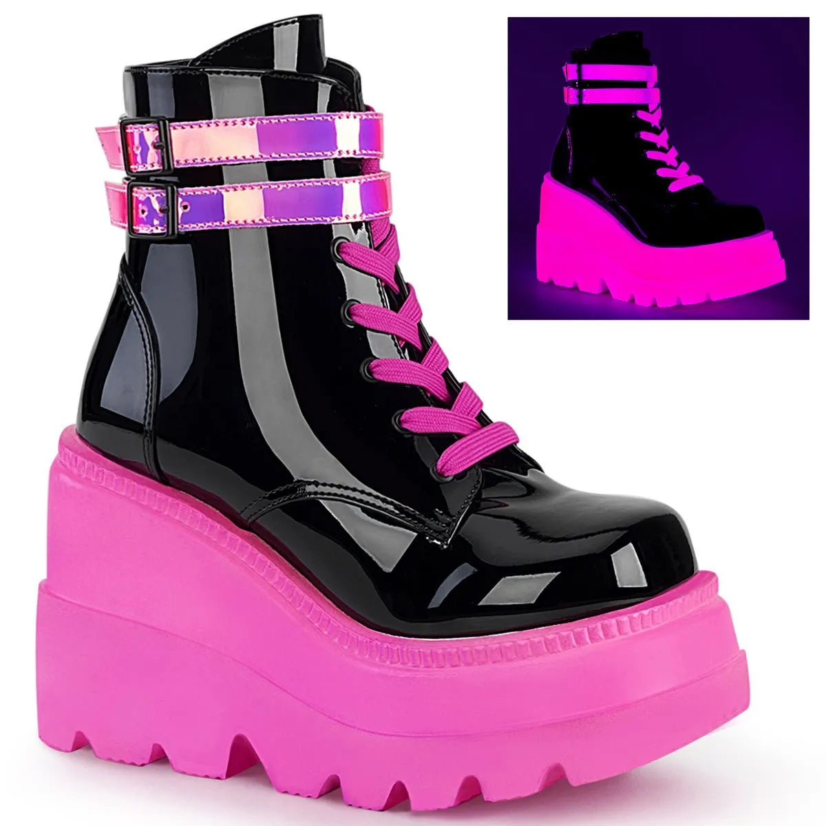 Demonia SHAKER-52 | Blk & Pink Pat. Leather Neon UV Ankle Boots