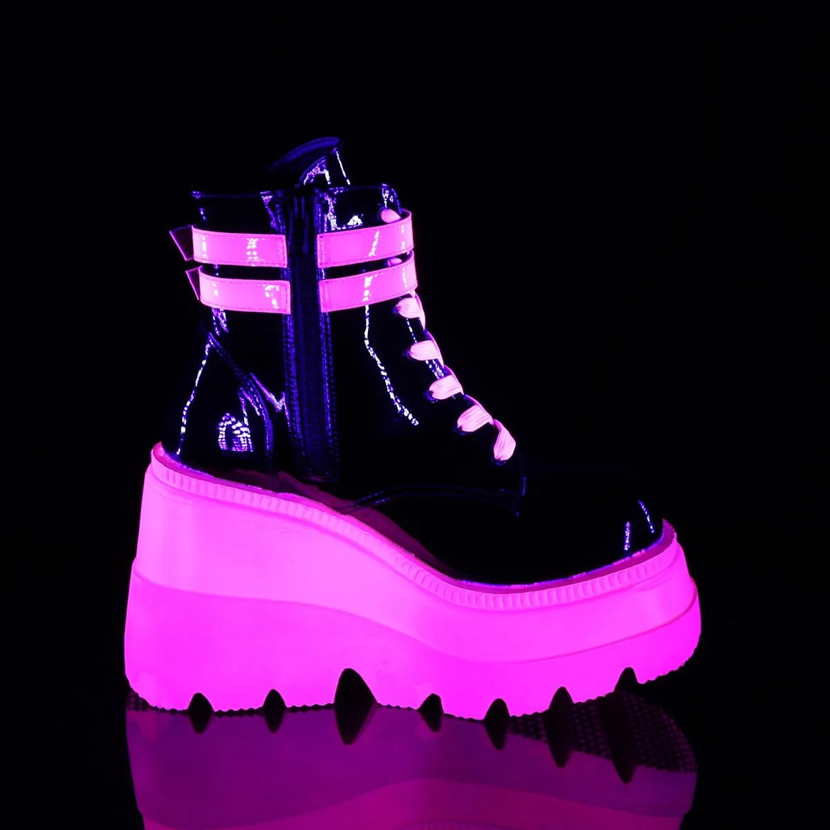 Demonia SHAKER-52 | Blk & Pink Pat. Leather Neon UV Ankle Boots