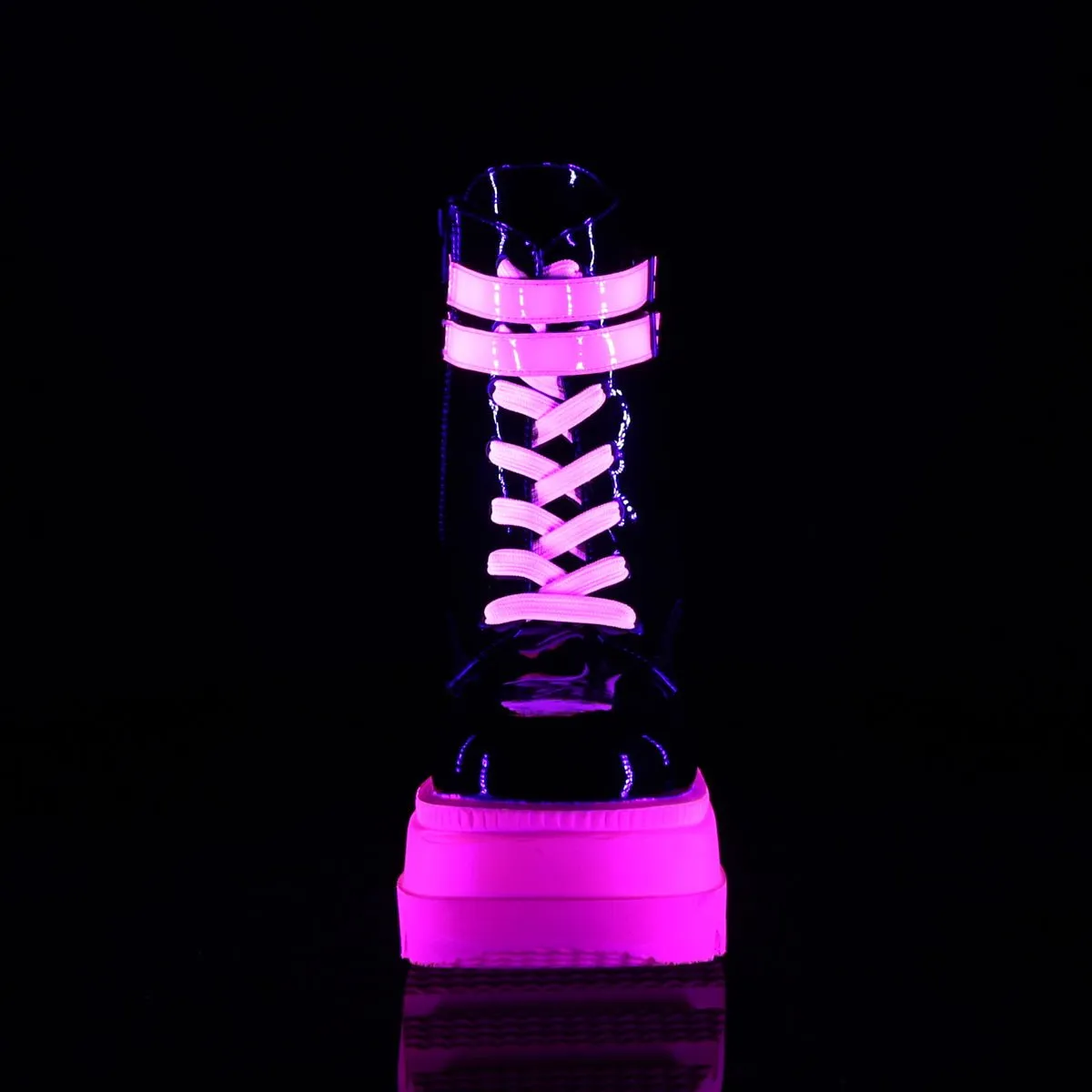 Demonia SHAKER-52 | Blk & Pink Pat. Leather Neon UV Ankle Boots