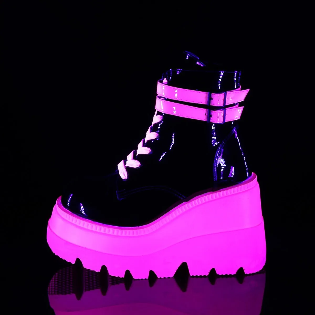 Demonia SHAKER-52 | Blk & Pink Pat. Leather Neon UV Ankle Boots