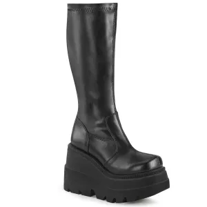 Demonia SHAKER-65 | Black Stretch Vegan Leather Knee High Boots