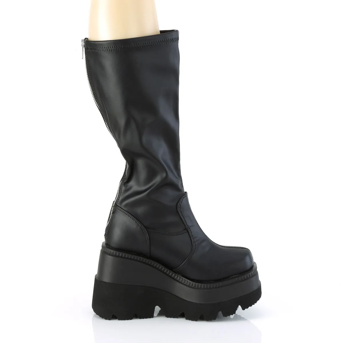 Demonia SHAKER-65WC | Black Stretch Vegan Leather Knee High Boots