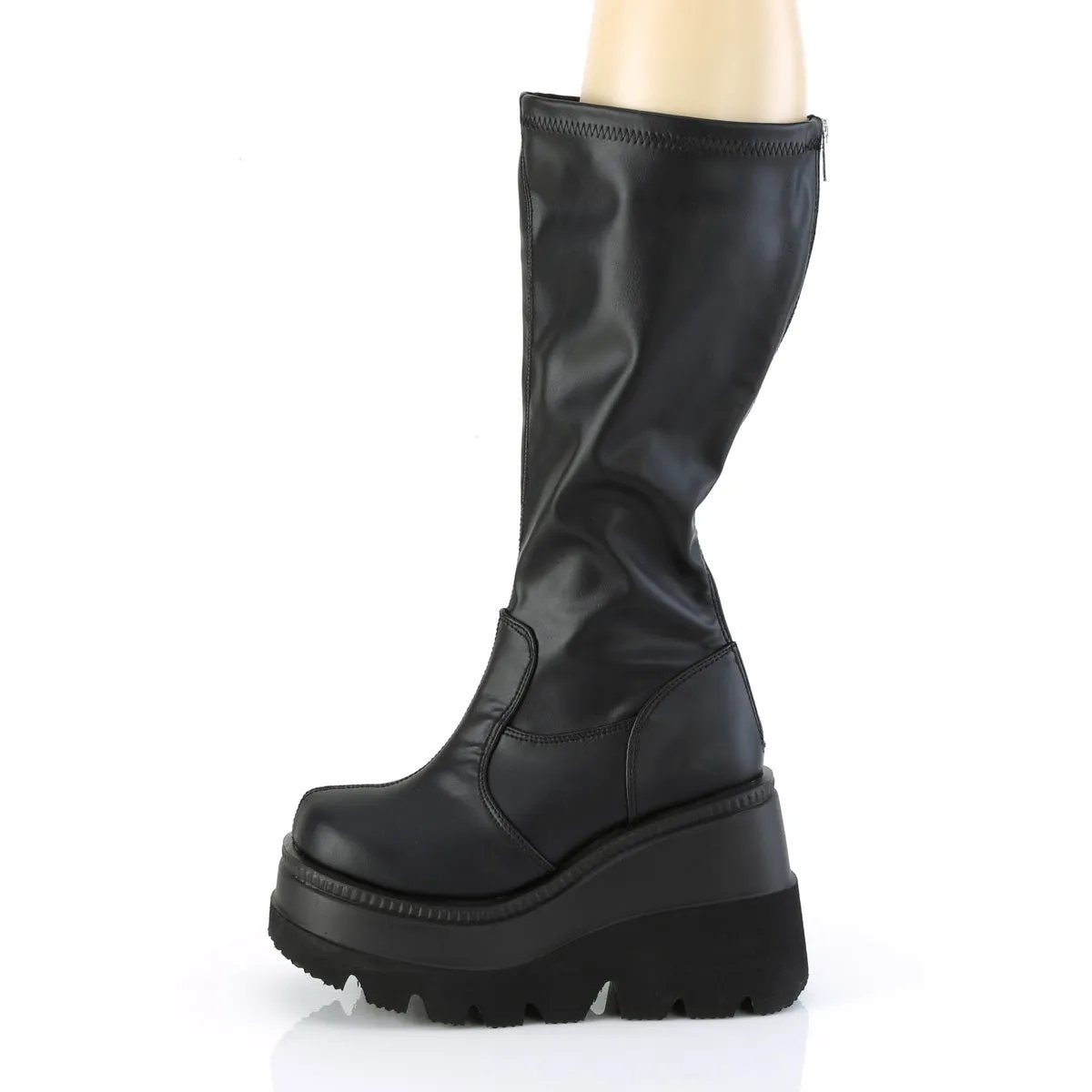 Demonia SHAKER-65WC | Black Stretch Vegan Leather Knee High Boots