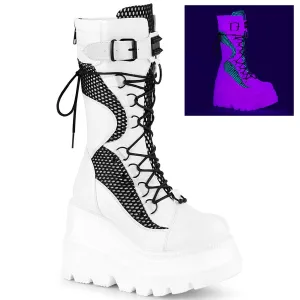 Demonia SHAKER-70 | White Vegan Leather & Fishnet Mid-Calf Boots