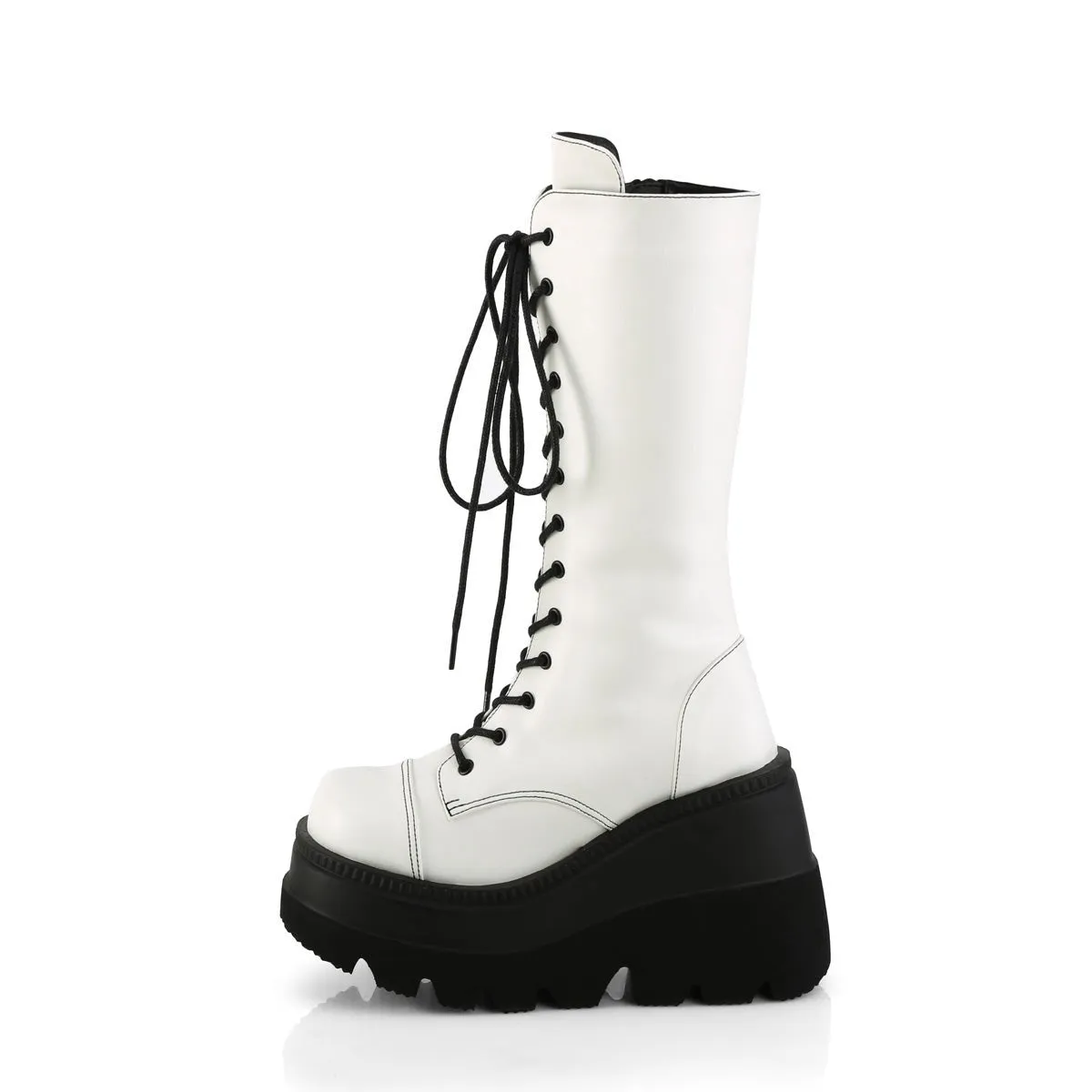 Demonia SHAKER-72 | White Vegan Leather Mid-Calf Boots