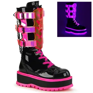 Demonia SLACKER-156 | Blk & UV Pink Pat. Leather Mid-Calf Boots