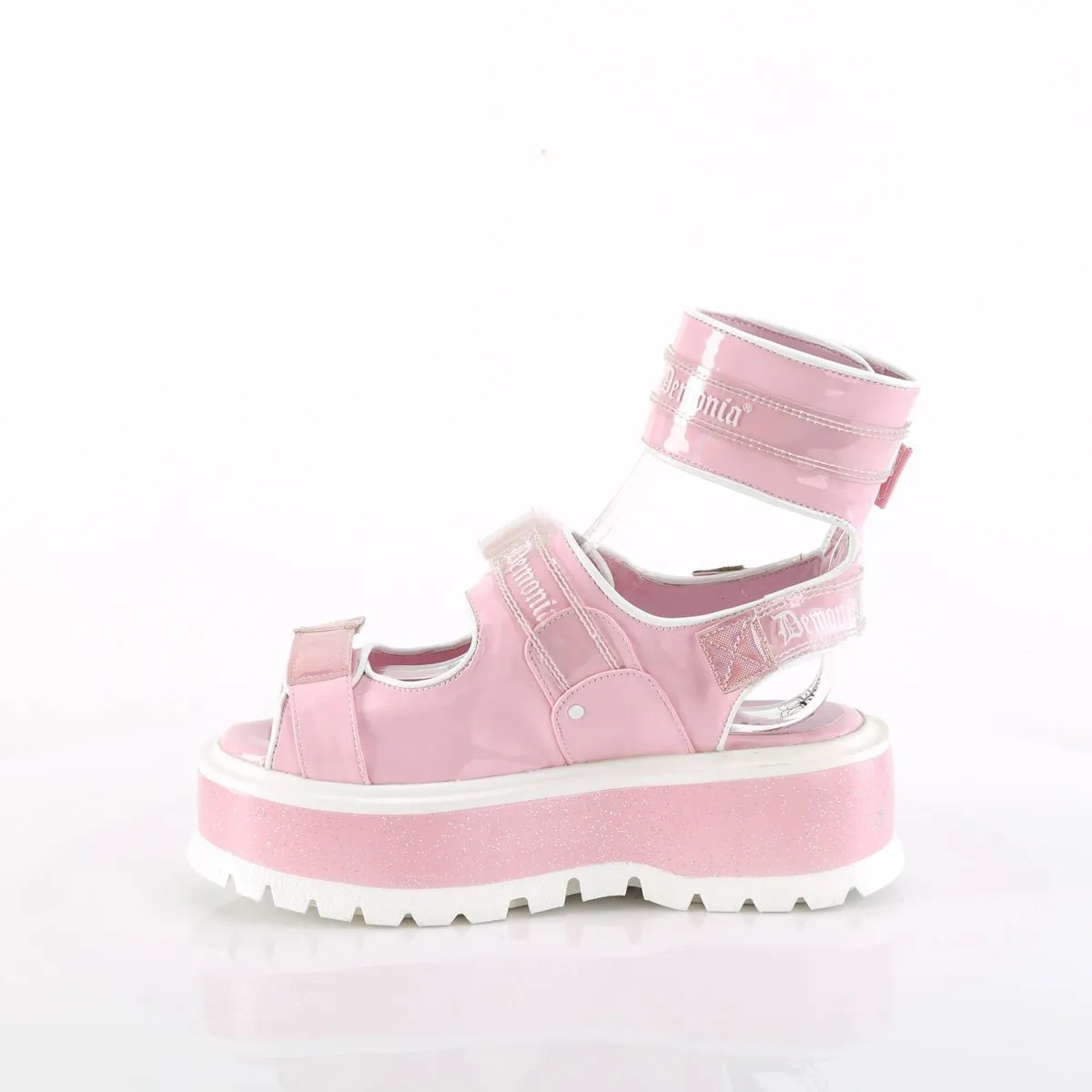 Demonia SLACKER-15B | Baby Pink Hologram Patent Sandals