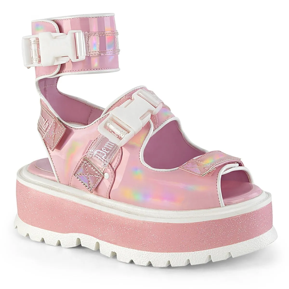 Demonia SLACKER-15B | Baby Pink Hologram Patent Sandals