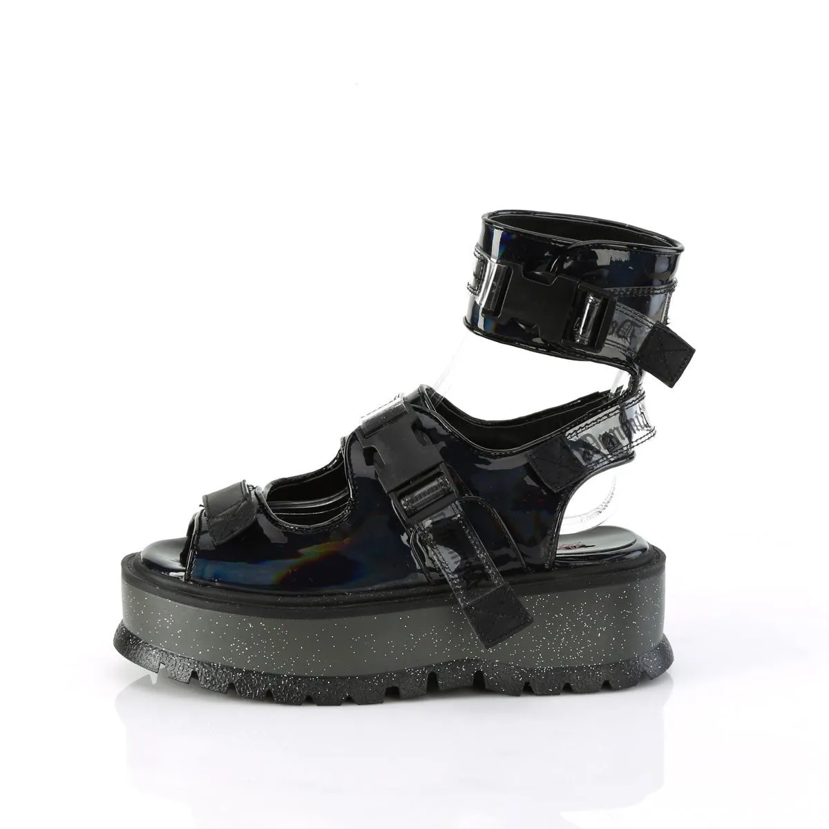 Demonia SLACKER-15B | Black Holographic Patent Leather Sandals