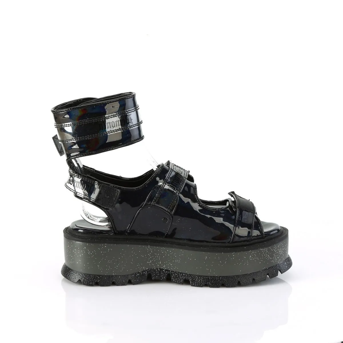 Demonia SLACKER-15B | Black Holographic Patent Leather Sandals