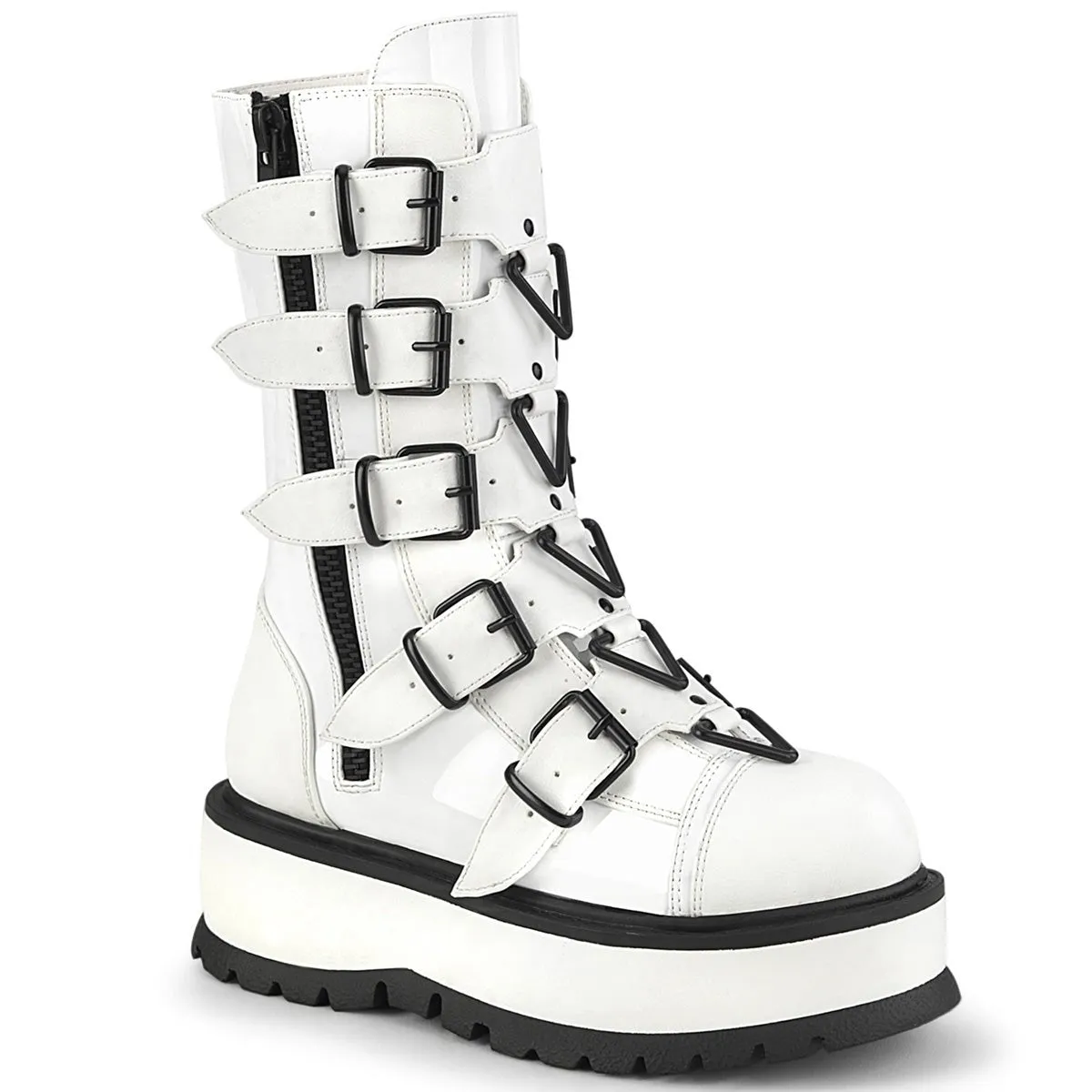 Demonia SLACKER-160 | White Patent Leather Mid-Calf Boots