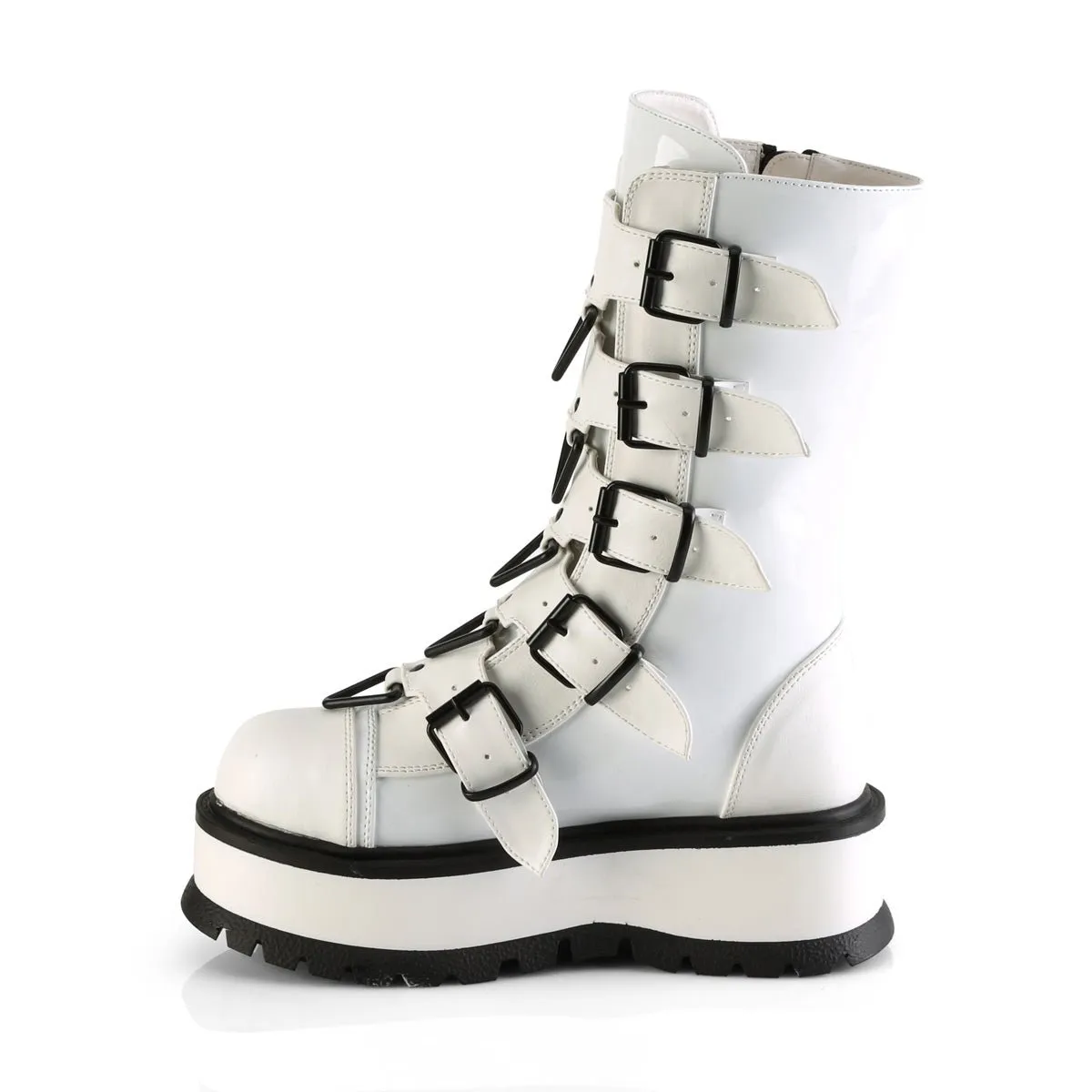 Demonia SLACKER-160 | White Patent Leather Mid-Calf Boots