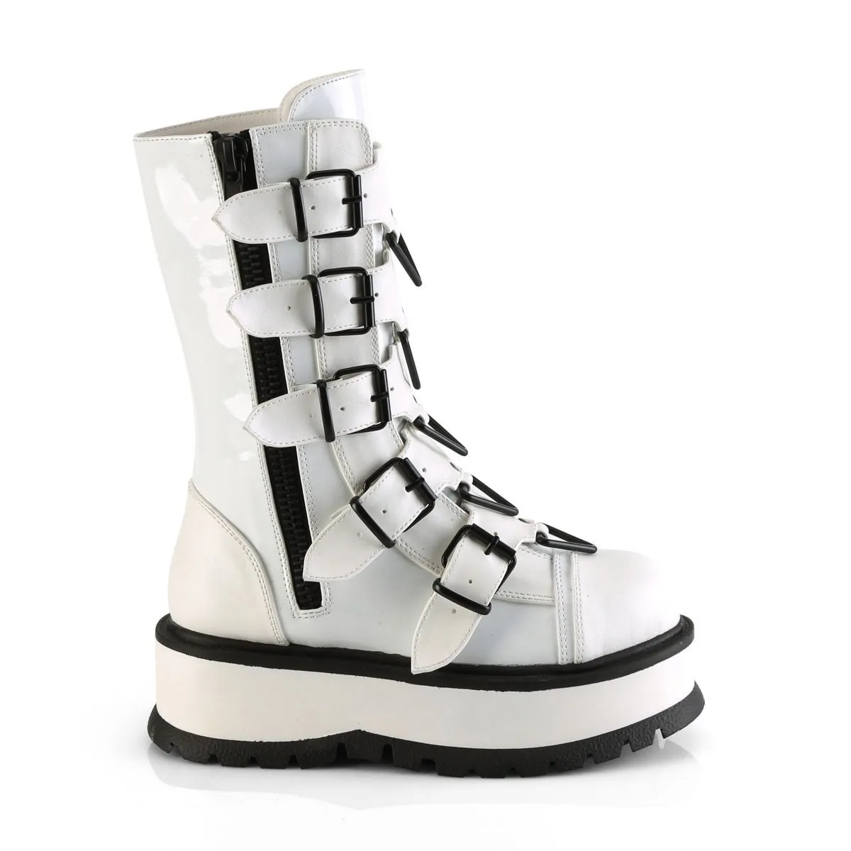 Demonia SLACKER-160 | White Patent Leather Mid-Calf Boots