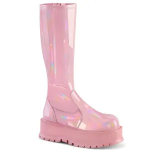 Demonia SLACKER-200 | Baby Pink Hologram Patent Knee High Boots