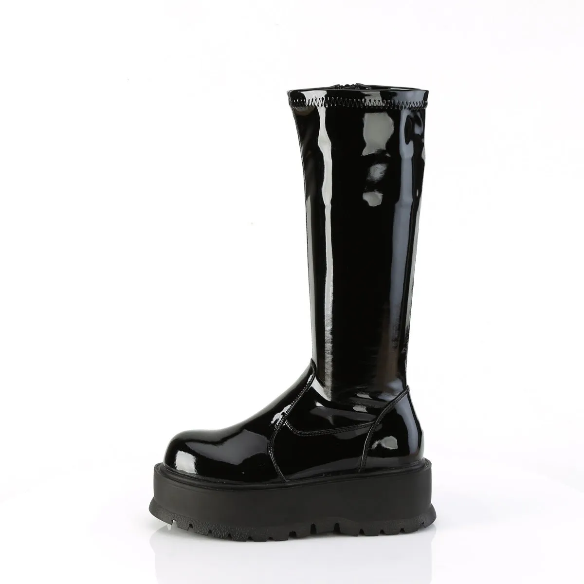 Demonia SLACKER-200 | Black Patent Leather Knee High Boots