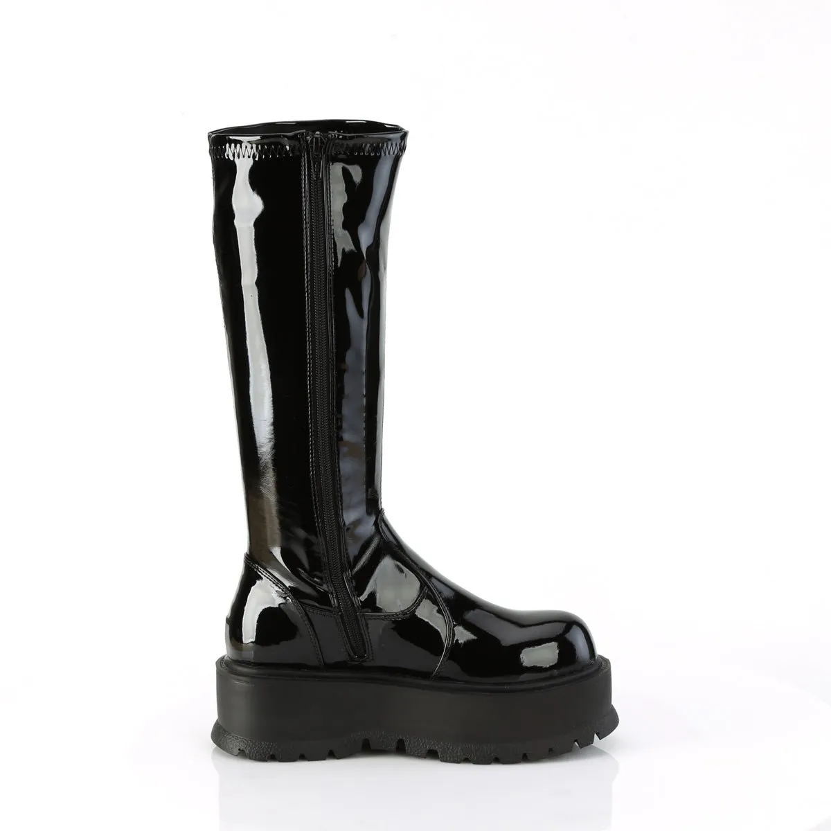 Demonia SLACKER-200 | Black Patent Leather Knee High Boots