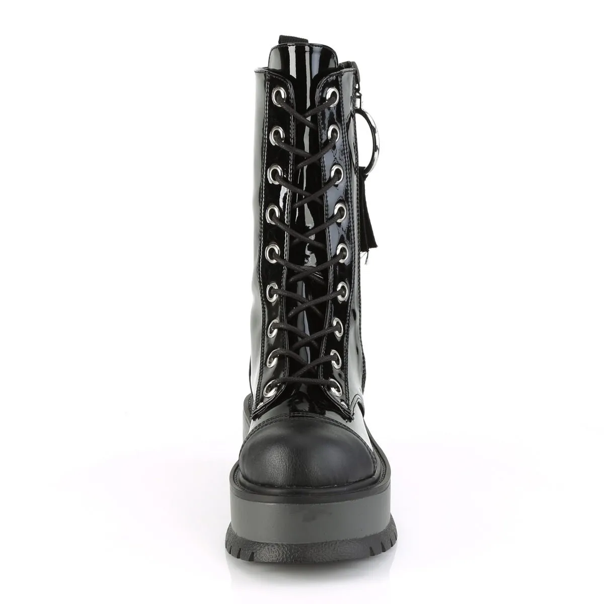 Demonia SLACKER-220 | Black Patent Vegan Leather Mid-Calf Boots