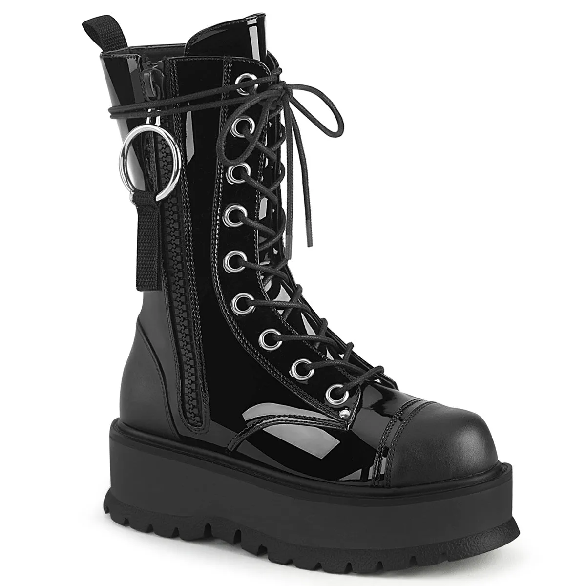 Demonia SLACKER-220 | Black Patent Vegan Leather Mid-Calf Boots