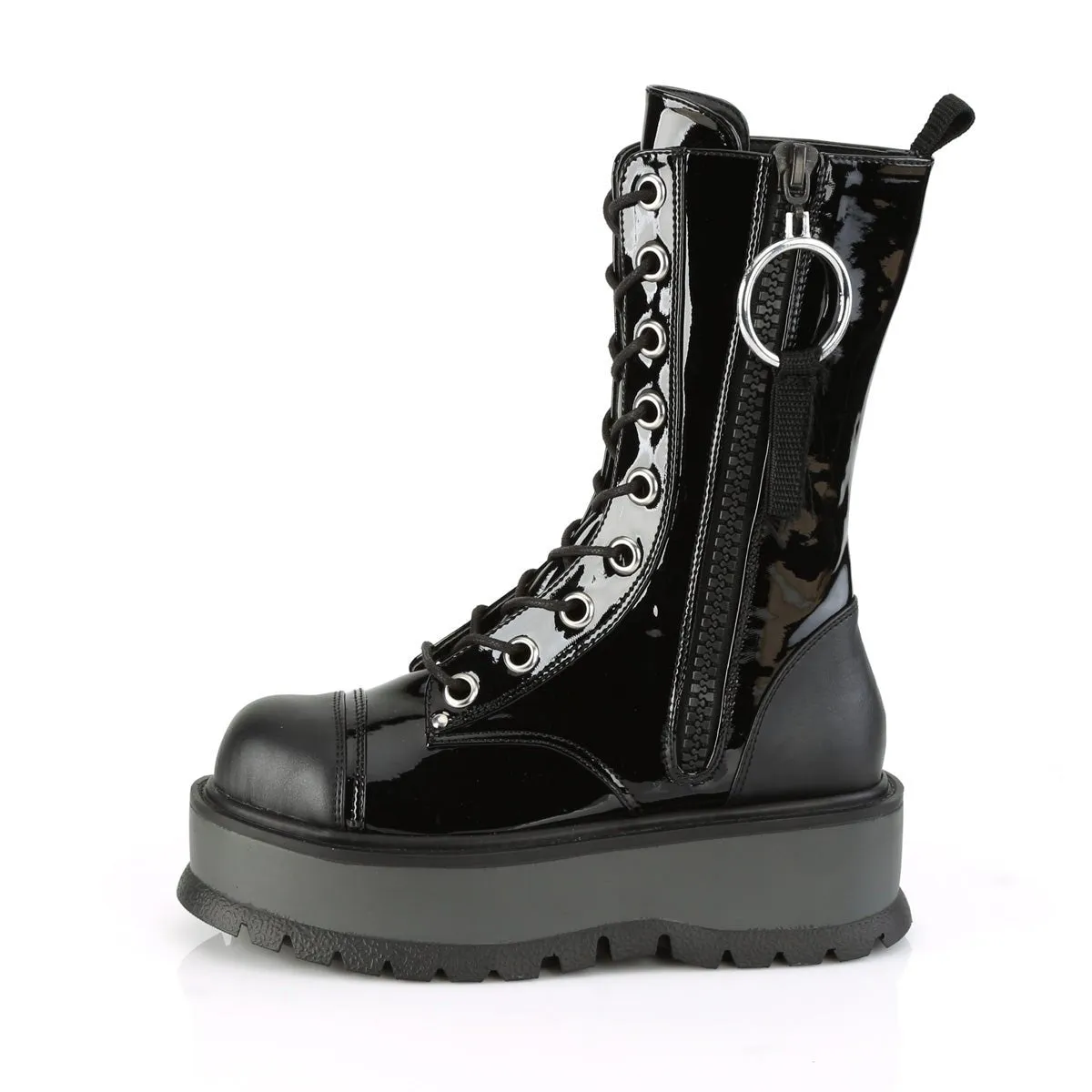 Demonia SLACKER-220 | Black Patent Vegan Leather Mid-Calf Boots