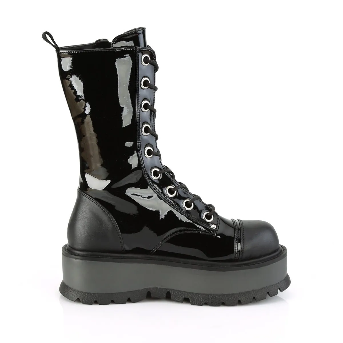 Demonia SLACKER-220 | Black Patent Vegan Leather Mid-Calf Boots