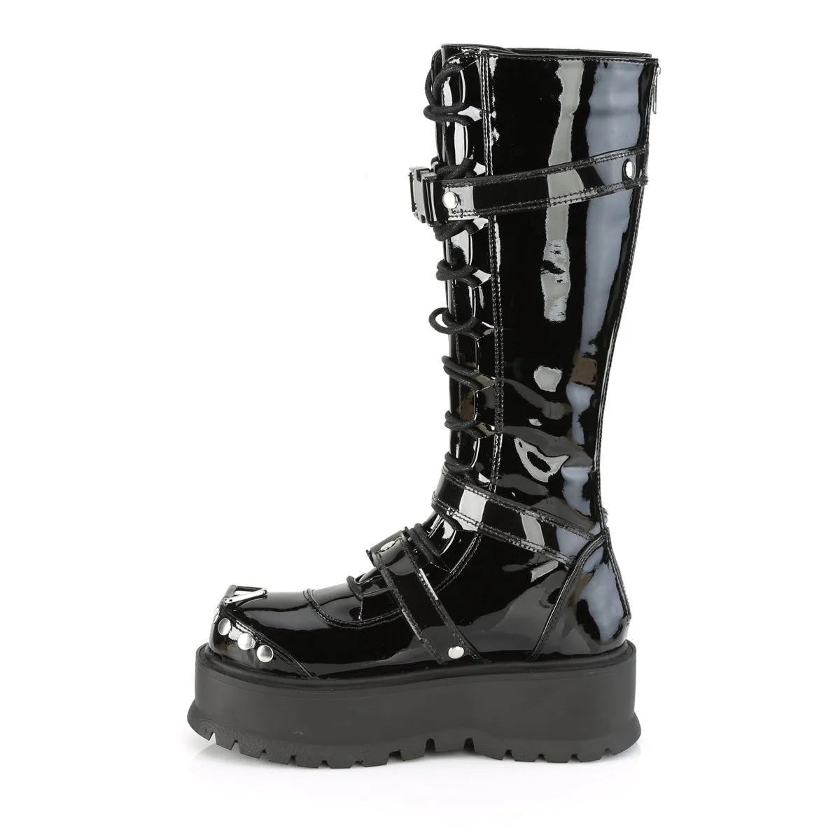 Demonia SLACKER-260 | Black Patent Leather Knee High Boots