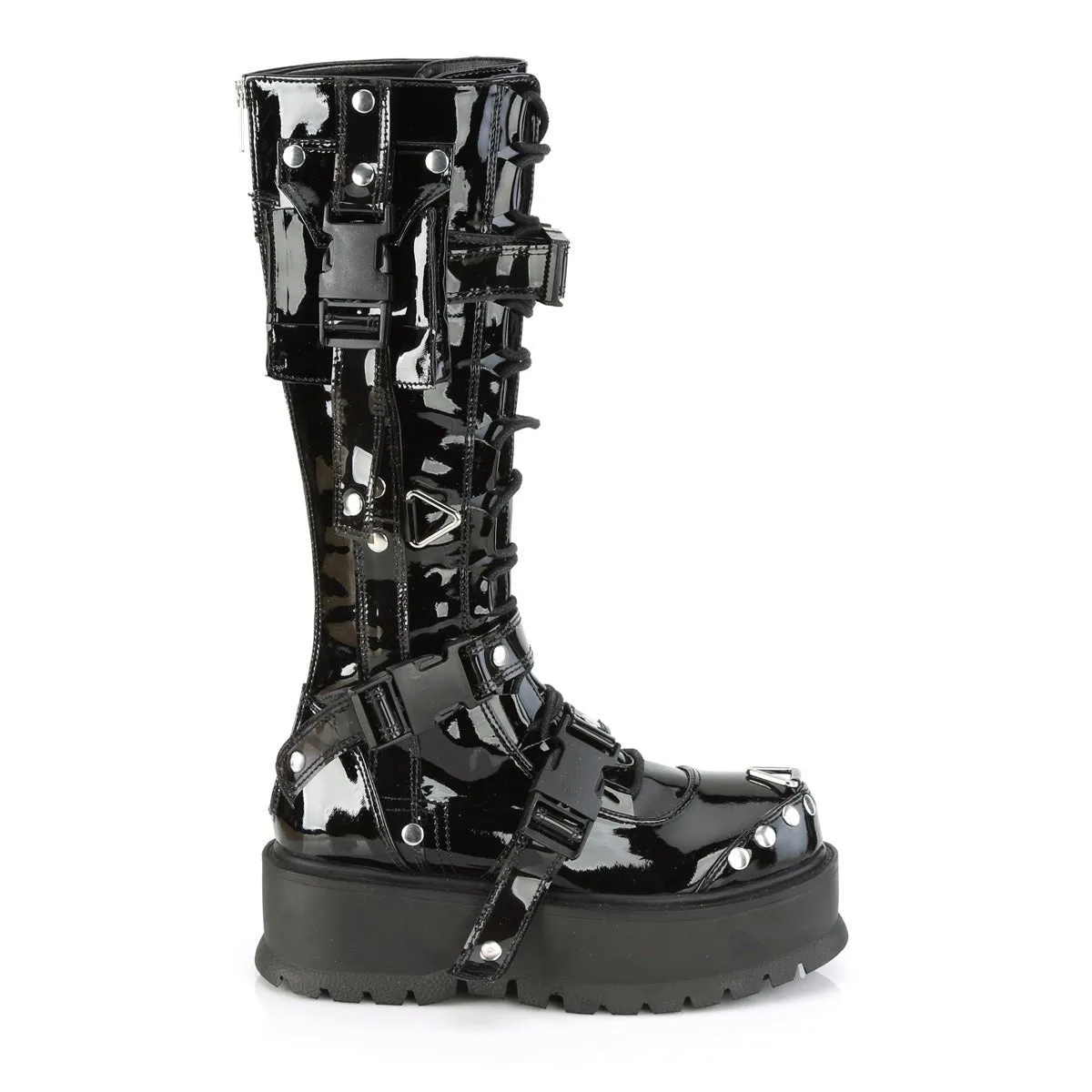 Demonia SLACKER-260 | Black Patent Leather Knee High Boots