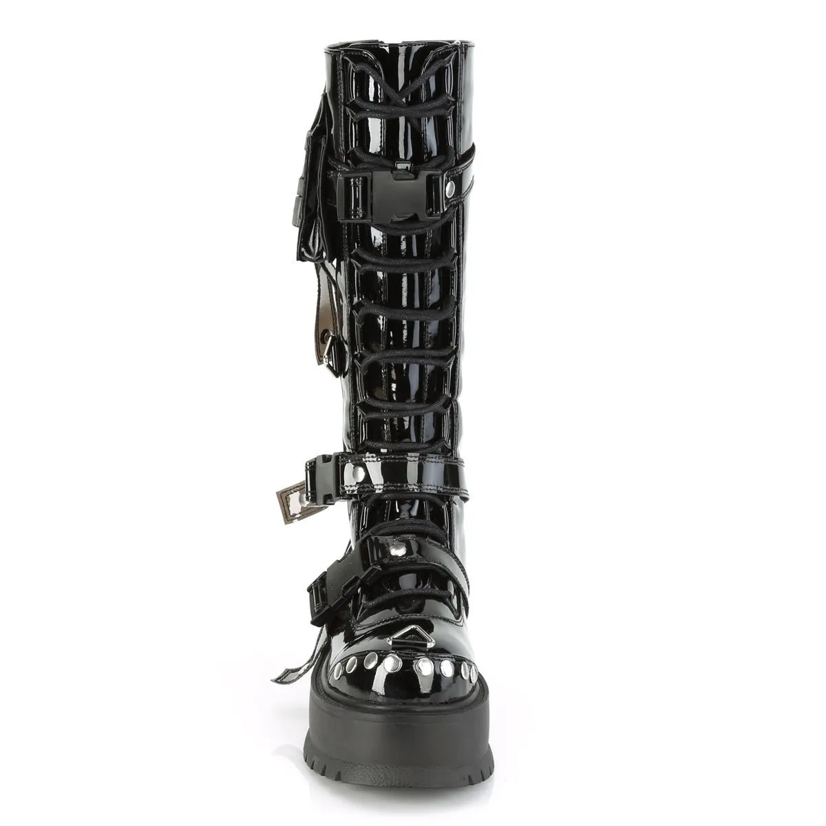 Demonia SLACKER-260 | Black Patent Leather Knee High Boots