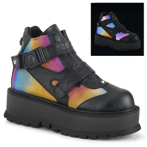 Demonia SLACKER-32 | Vegan Leather Rainbow Reflective Ankle Boots