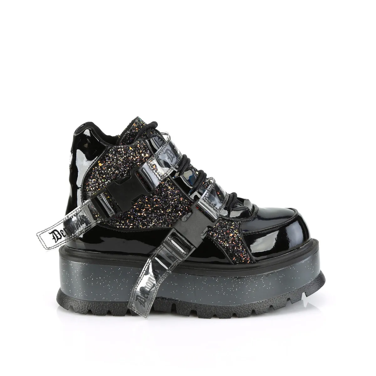 Demonia SLACKER-50 | Black Patent Leather & Glitter Ankle Boots