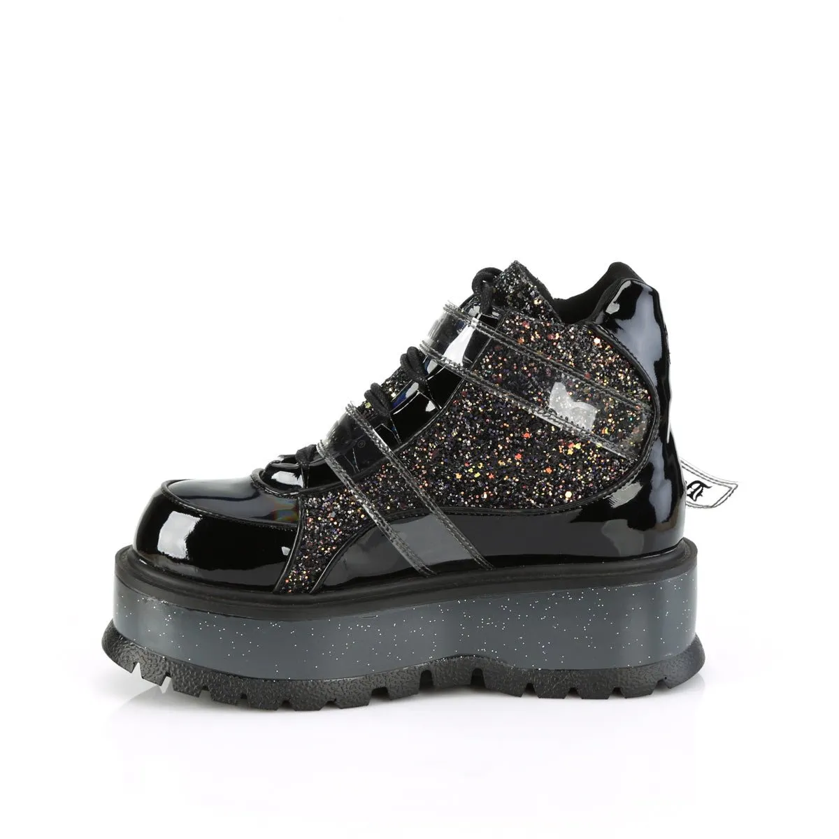 Demonia SLACKER-50 | Black Patent Leather & Glitter Ankle Boots