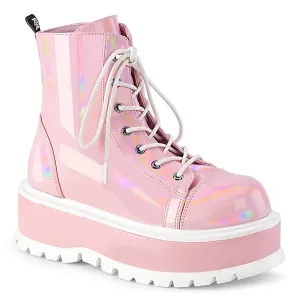 Demonia SLACKER-55 | Baby Pink Hologram Patent Ankle Boots