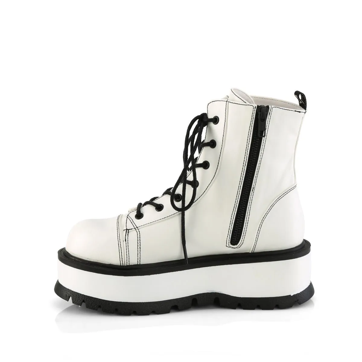 Demonia SLACKER-55 | White Vegan Leather Ankle Boots