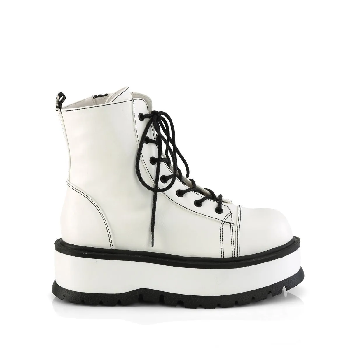 Demonia SLACKER-55 | White Vegan Leather Ankle Boots