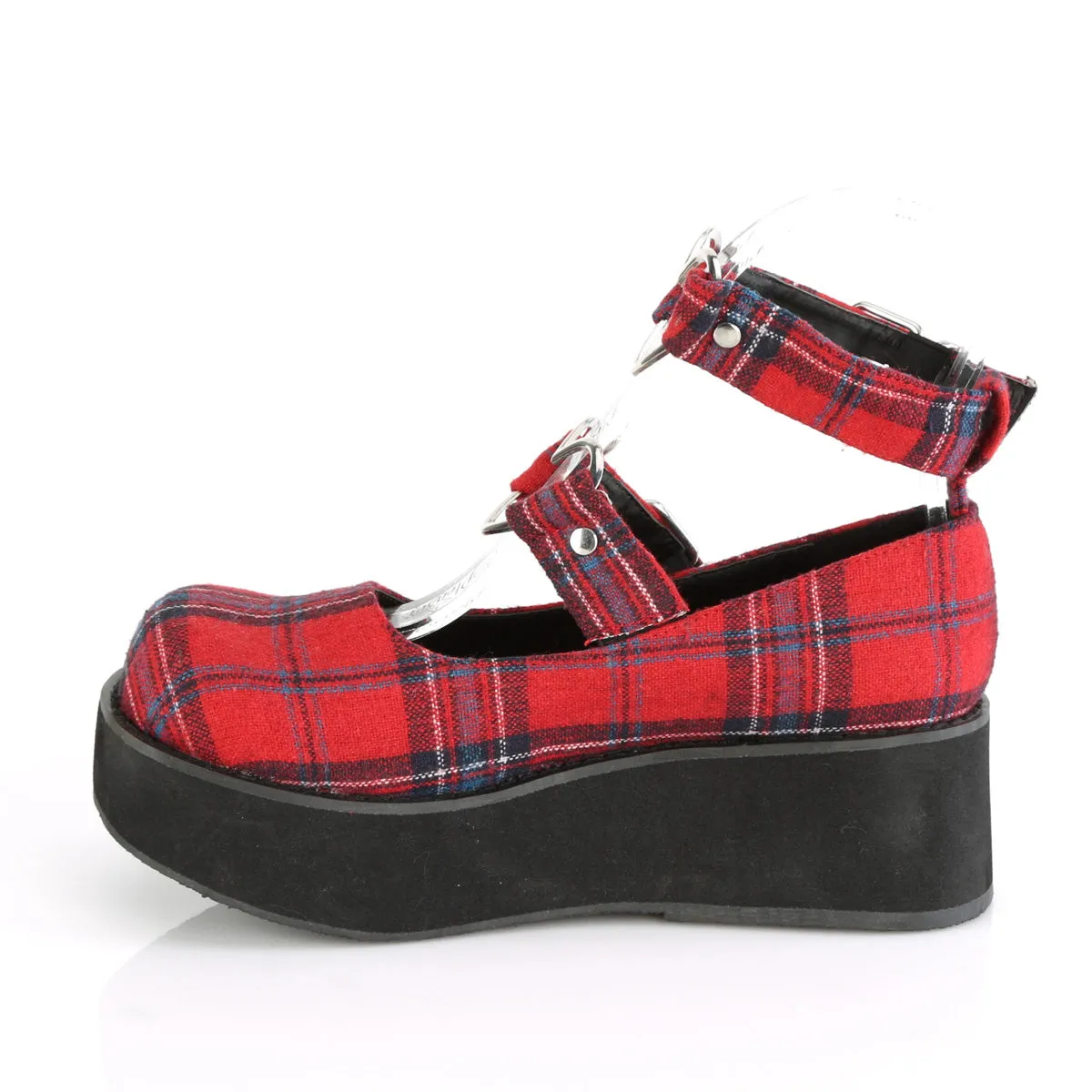 Demonia SPRITE-02 | Red Plaid Fabric Mary Janes