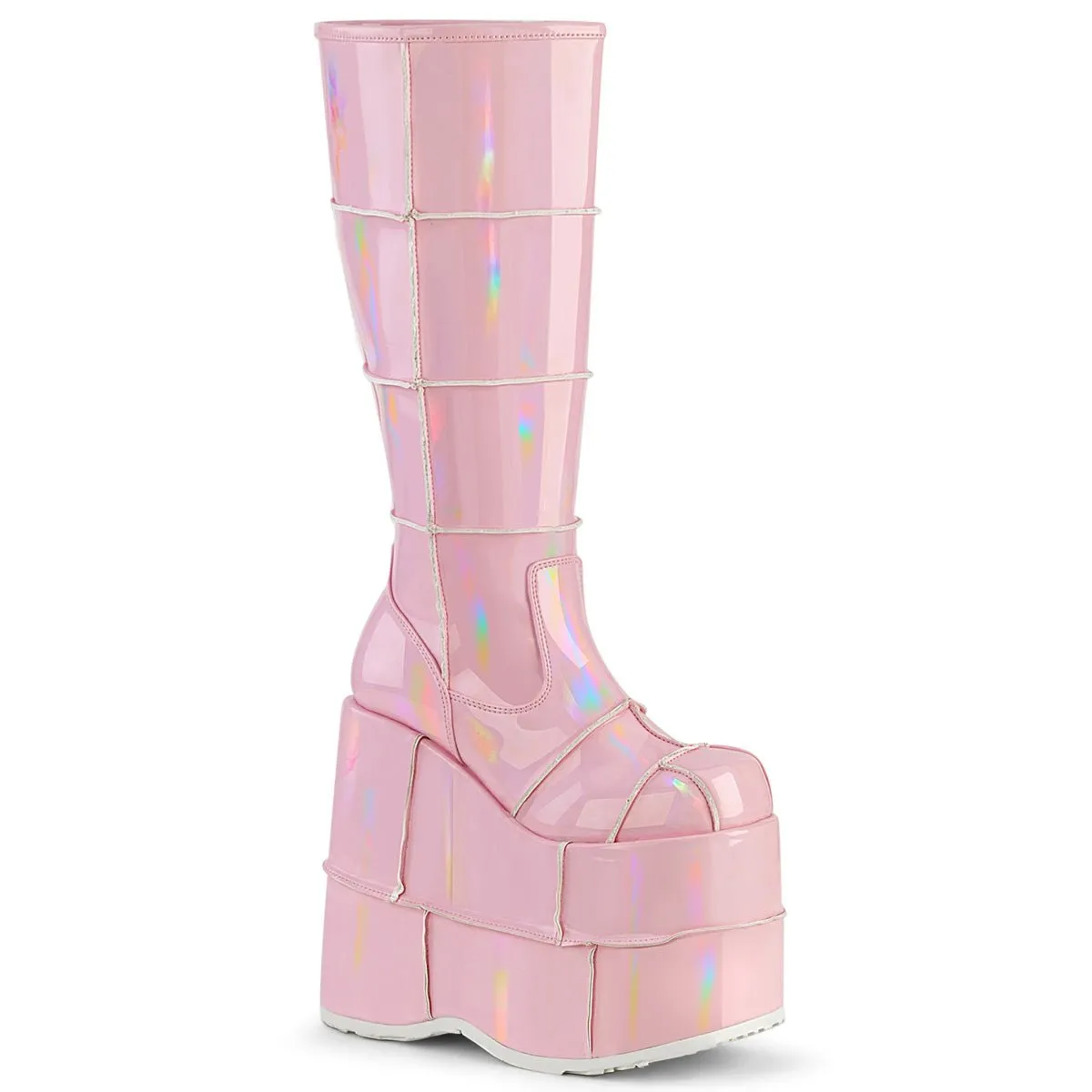 Demonia STACK-301 | Baby Pink Hologram Unisex Boots