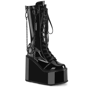 Demonia SWING-150 | Black Stretch Patent Leather Knee High Boots